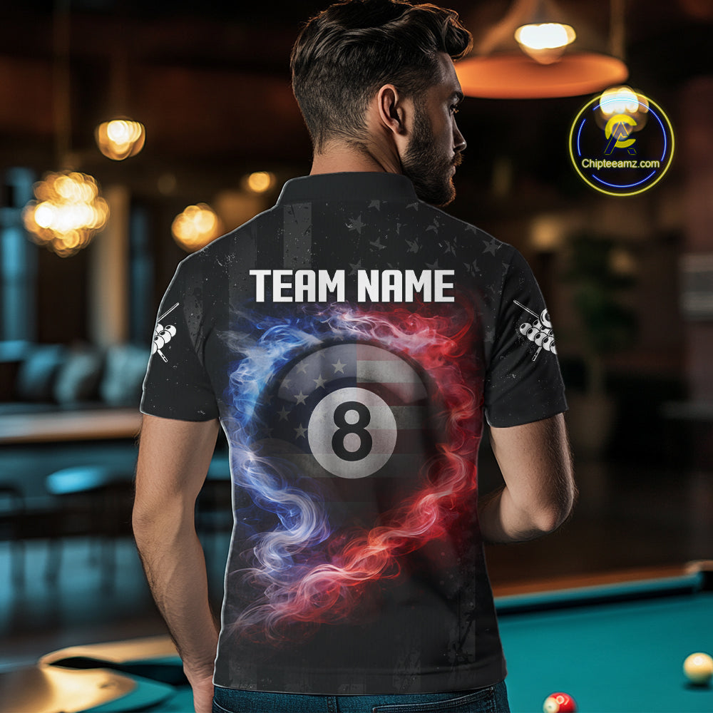 Custom 8 Ball US Flag Smoke Skull Billiard Shirt For Men, Patriotic Pool Team Jersey Polo, 1/4 Zip TDM5812