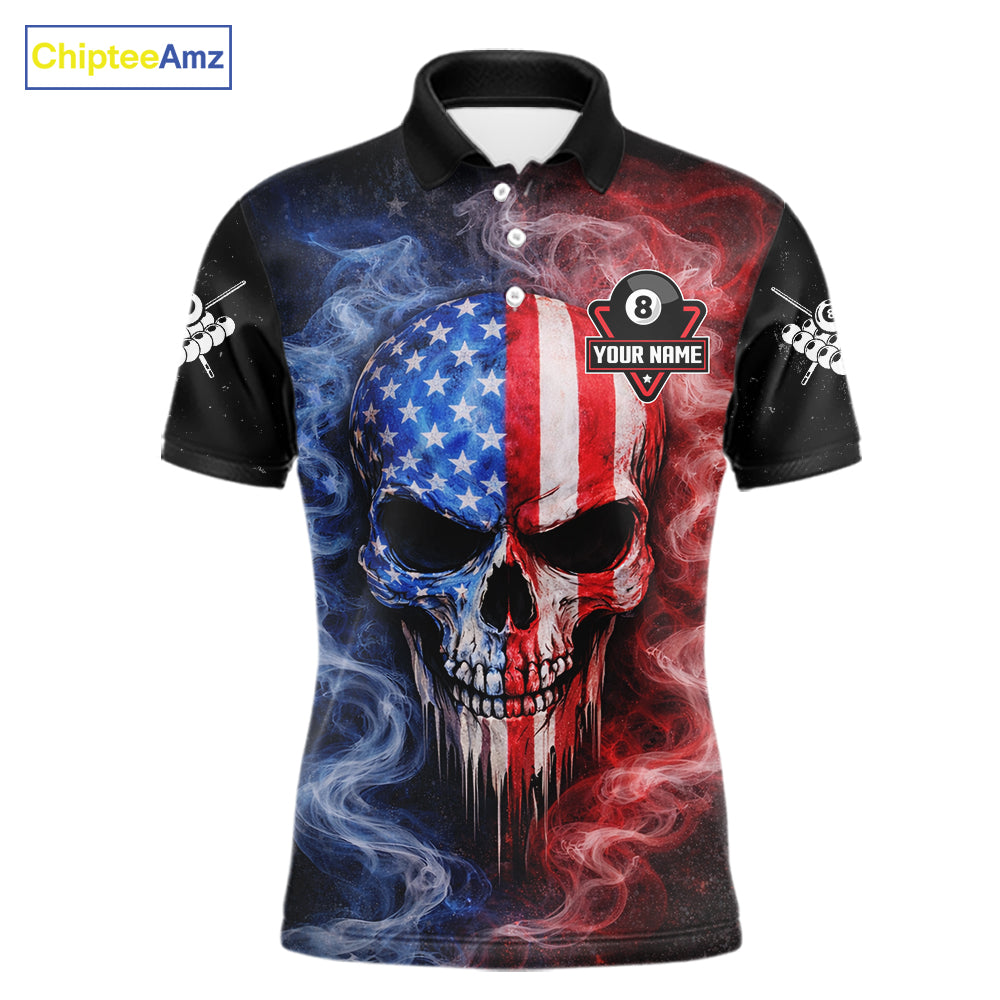 Custom 8 Ball US Flag Smoke Skull Billiard Shirt For Men, Patriotic Pool Team Jersey Polo, 1/4 Zip TDM5812