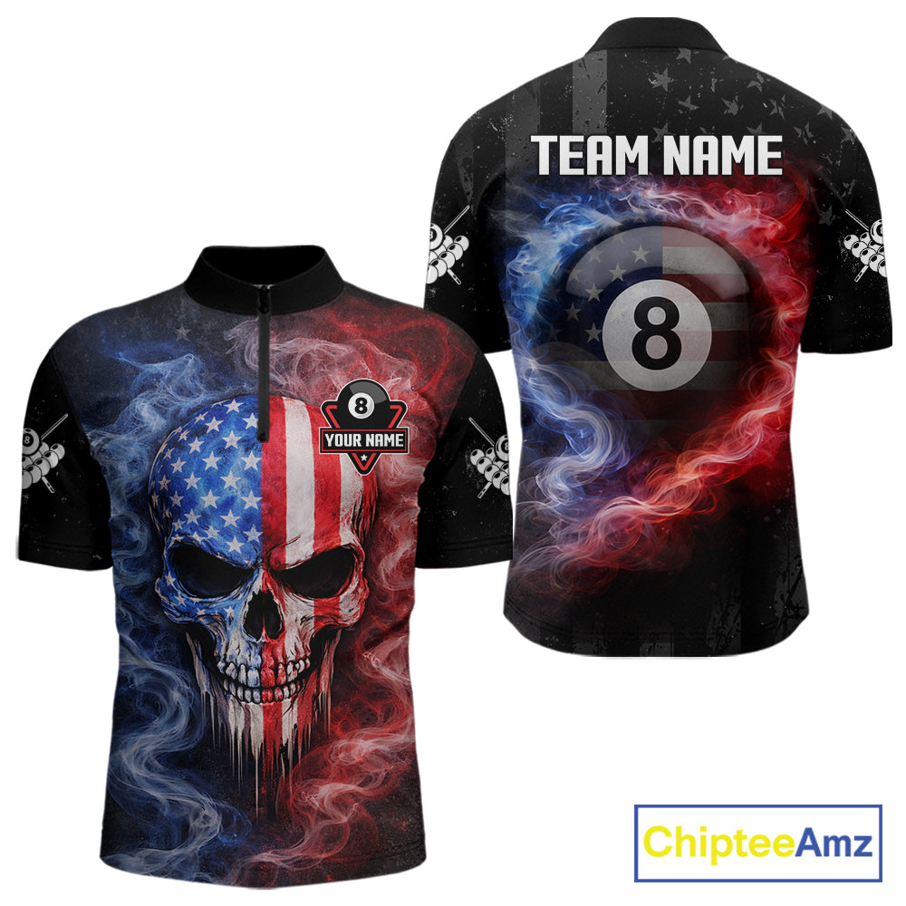 Custom 8 Ball US Flag Smoke Skull Billiard Shirt For Men, Patriotic Pool Team Jersey Polo, 1/4 Zip TDM5812