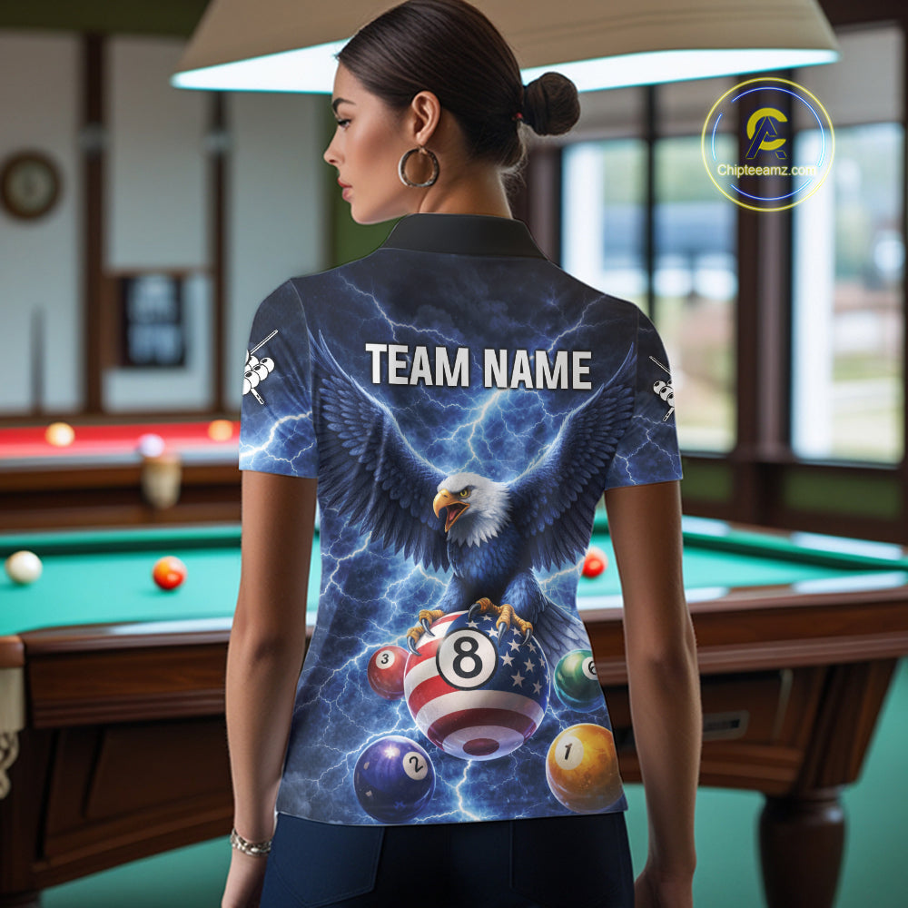 Blue 8 Ball US Flag Thunder Lightning Eagle Billiard Shirt For Women Custom Pool Team Jersey TDM5813
