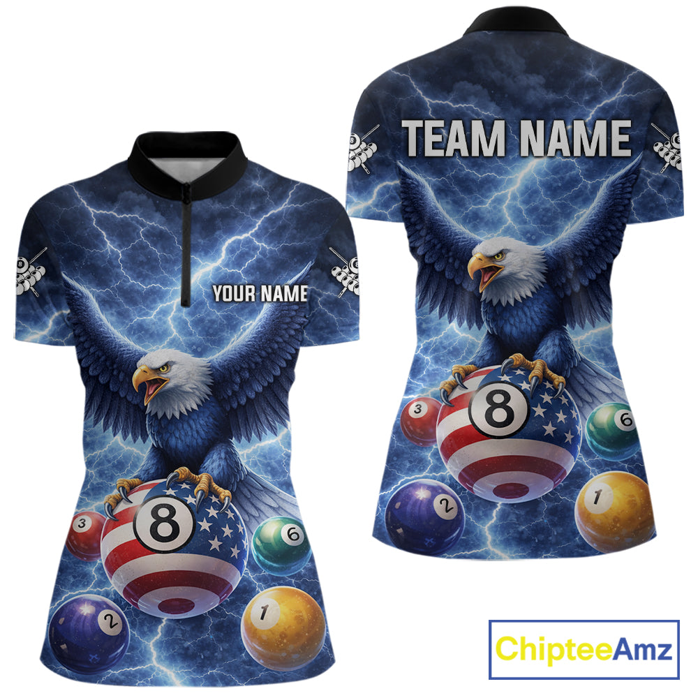 Blue 8 Ball US Flag Thunder Lightning Eagle Billiard Shirt For Women Custom Pool Team Jersey TDM5813