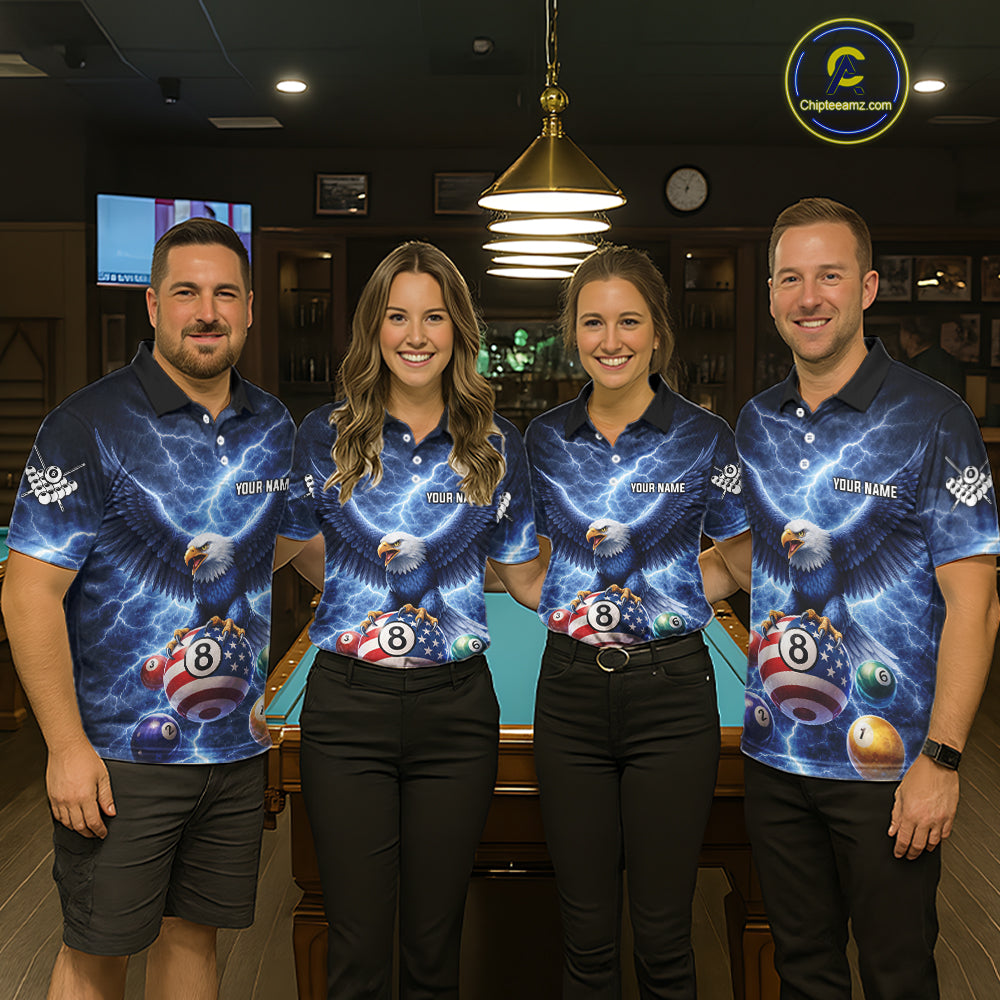 Blue 8 Ball US Flag Thunder Lightning Eagle Billiard Shirt For Men Custom Pool Team Jersey TDM5813
