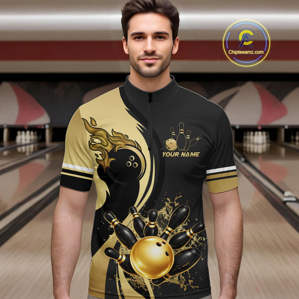 Custom Black And Gold Splatter Bowling Shirt For Men, Bowling League Jerseys Team Polo & 1/4 Zip TDM6417