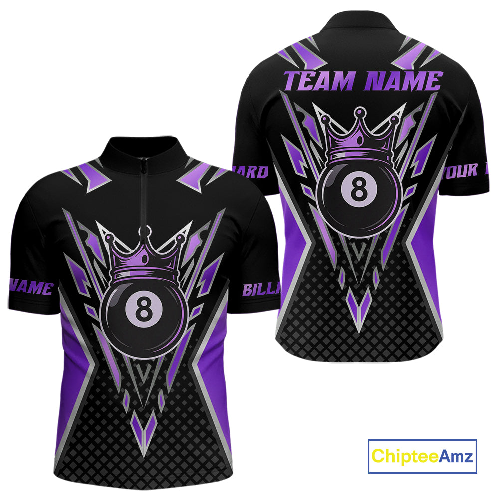 Customized 8 Ball Pool Crown Men Billiard Shirt, Black And Purple Billiard Team Shirt, Pool Jersey TDM4080