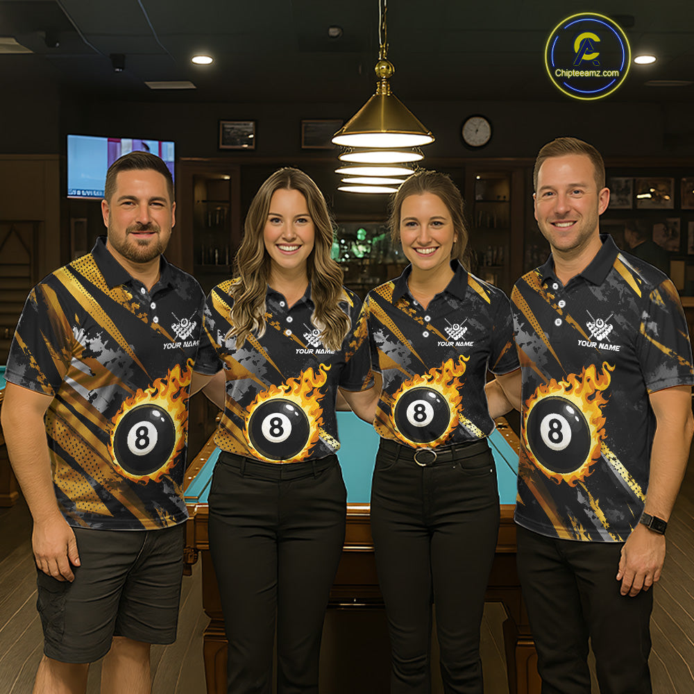 Gold Black Grunge Flame 8 Ball Billiard Shirts For Men Custom Pool Team Jersey Polo & 1/4 Zip TDM6619