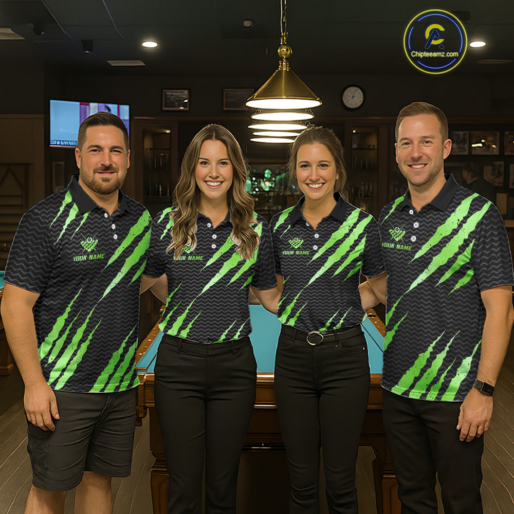Black And Green Scratch Billiard Shirts For Men Custom 8 Ball Crown Pool Team Jersey Polo & 1/4 Zip TDM6623