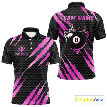 Black and pink billiard polo shirt with 'Team Name' and 'Your Name' text, featuring a crown 8-ball design.