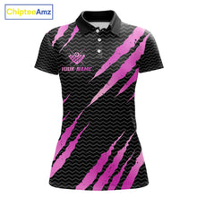 Load image into Gallery viewer, Black and pink billiard polo shirt with 'Team Name' and 'Your Name' text, featuring a 8-ball design.