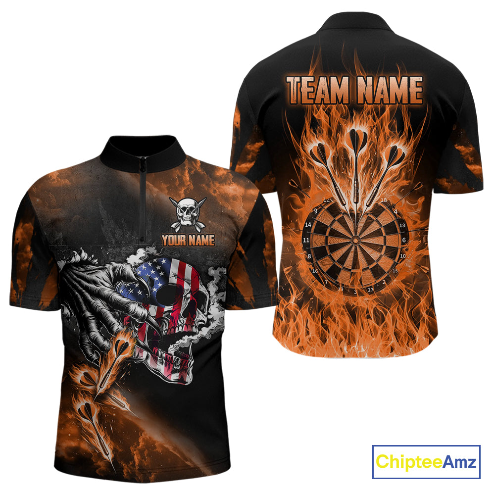 Fire Flame Darts Board American Flag Skull Dart Shirts For Men Custom Darts Team Jerseys |Orange TDM4267