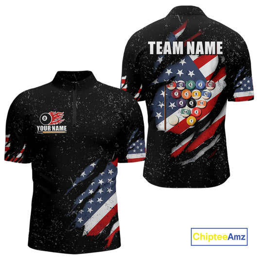 Personalized American Flag Black Grunge Billiard Shirt For Men, Patriotic 8 Ball Pool Team Jersey TDM4444