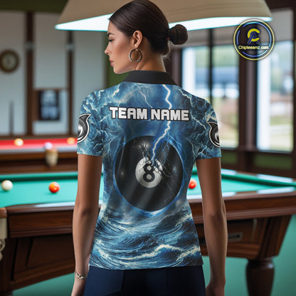 Blue 8 Ball Pool Billiard Shark Polo & Quarter Zip For Women Custom Thunder Storm Billiard Jersey TDM4691