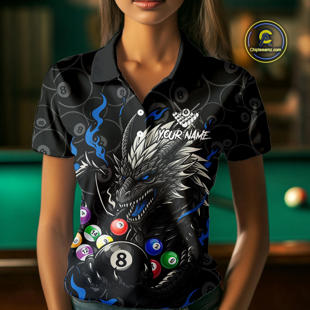 Personalized 8 Ball Dragon Billiard Shirt For Women, Billiard Team Jersey Polo & 1/4 Zip |Blue TDM5110