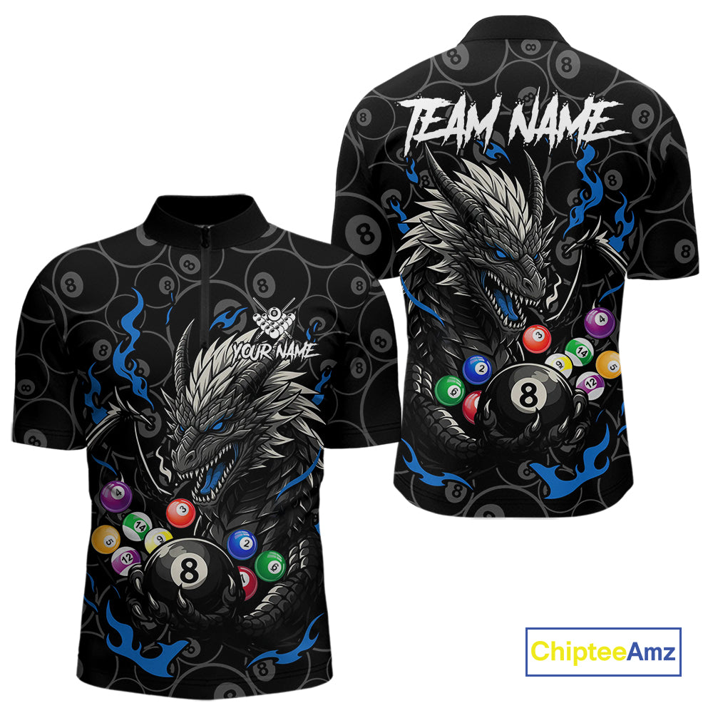 Personalized 8 Ball Dragon Billiard Shirt For Men, Billiard Team Jersey Polo & 1/4 Zip |Blue TDM5110