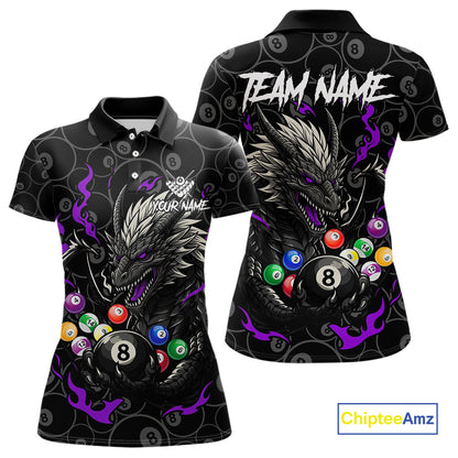 Personalized 8 Ball Dragon Billiard Shirt For Women, Billiard Team Jersey Polo & 1/4 Zip |Purple TDM5111