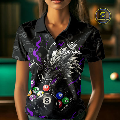 Personalized 8 Ball Dragon Billiard Shirt For Women, Billiard Team Jersey Polo & 1/4 Zip |Purple TDM5111