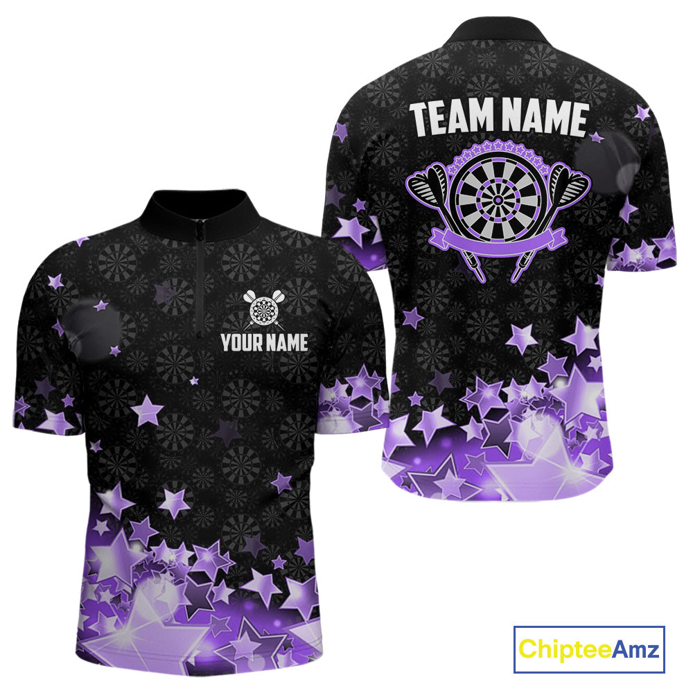 Funny Custom Dart Shirt For Men, Black And Purple Glowing Star Pattern Darts Polo & Quarter Zip TDM5326
