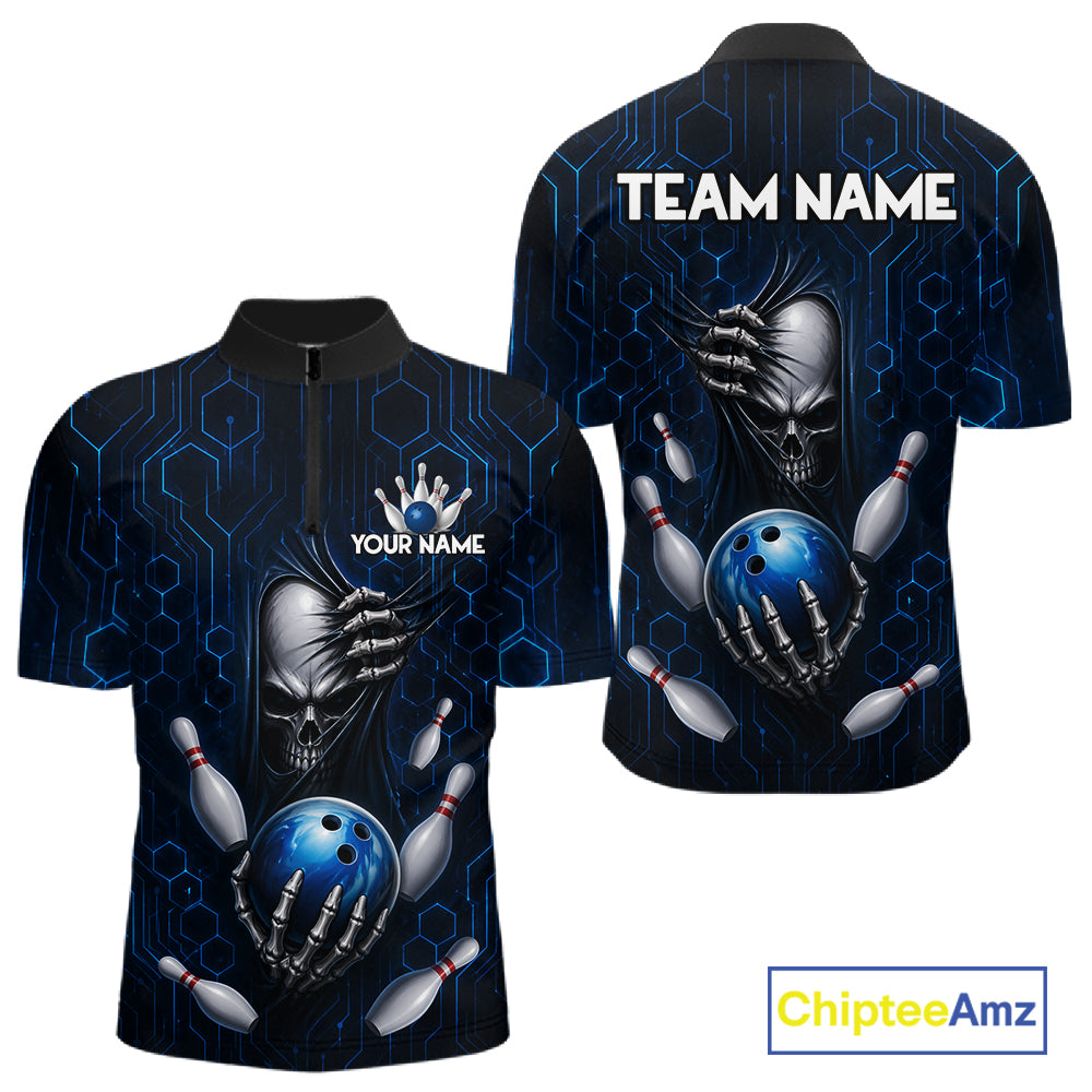 Black And Blue Custom Skull Bowling Shirt For Men, Hexagon Bowling Team Jersey Polo & 1/4 Zip TDM6425