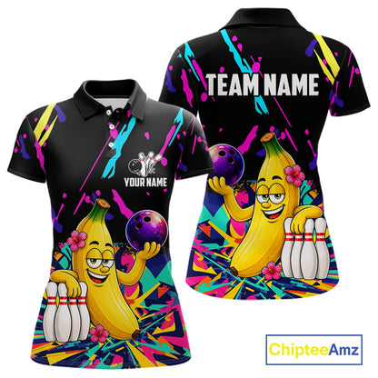 Colorful polo shirt with a cartoon banana bowling design with customizable your name and team name