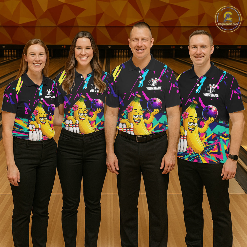 Colorful Bowling Jersey Funny Banana Bowling Polo & 1/4 Zip For Men, Custom Bowling Team Shirts TDM6626