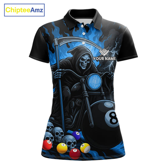Blue flame grim reaper motorcycle 8 ball custom billiard polo shirt for women, pool team jersey.