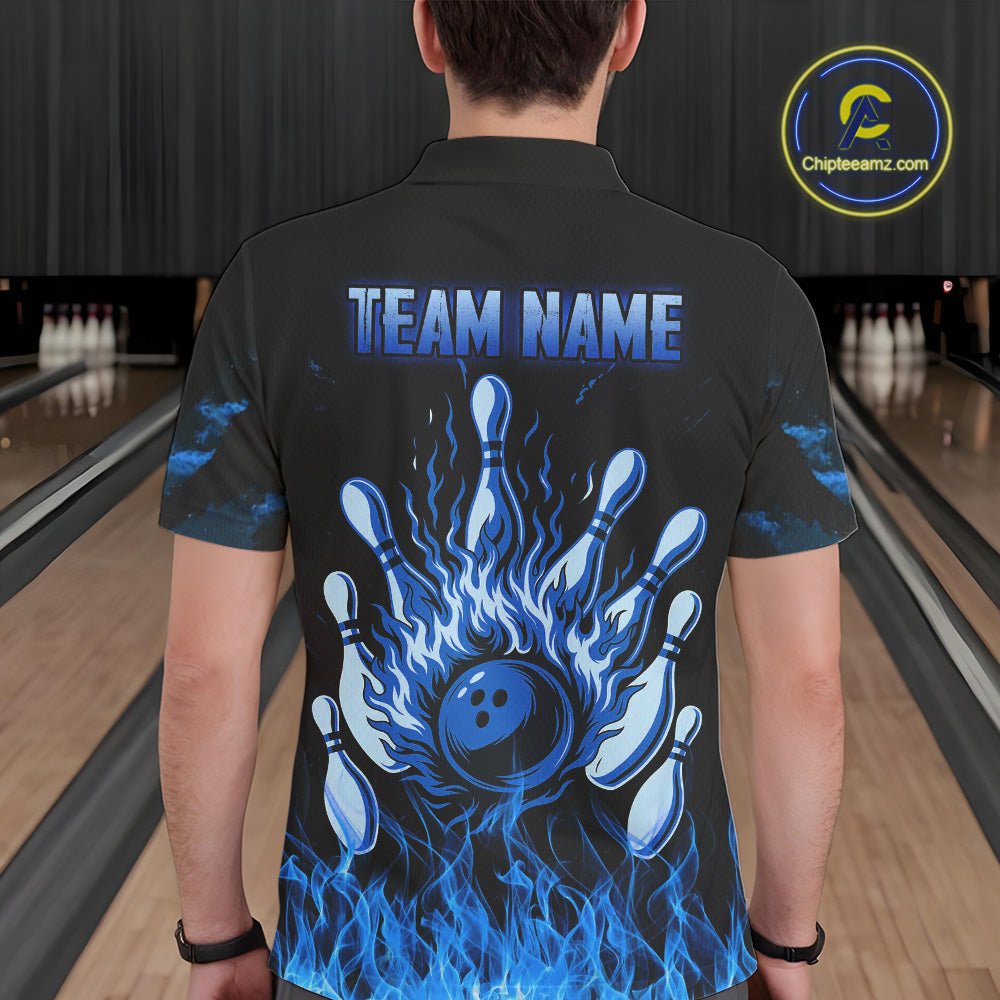 Blue Flaming American Flag Skull Bowling Shirt For Men Custom Fire Bowling Team Jersey TDM4692