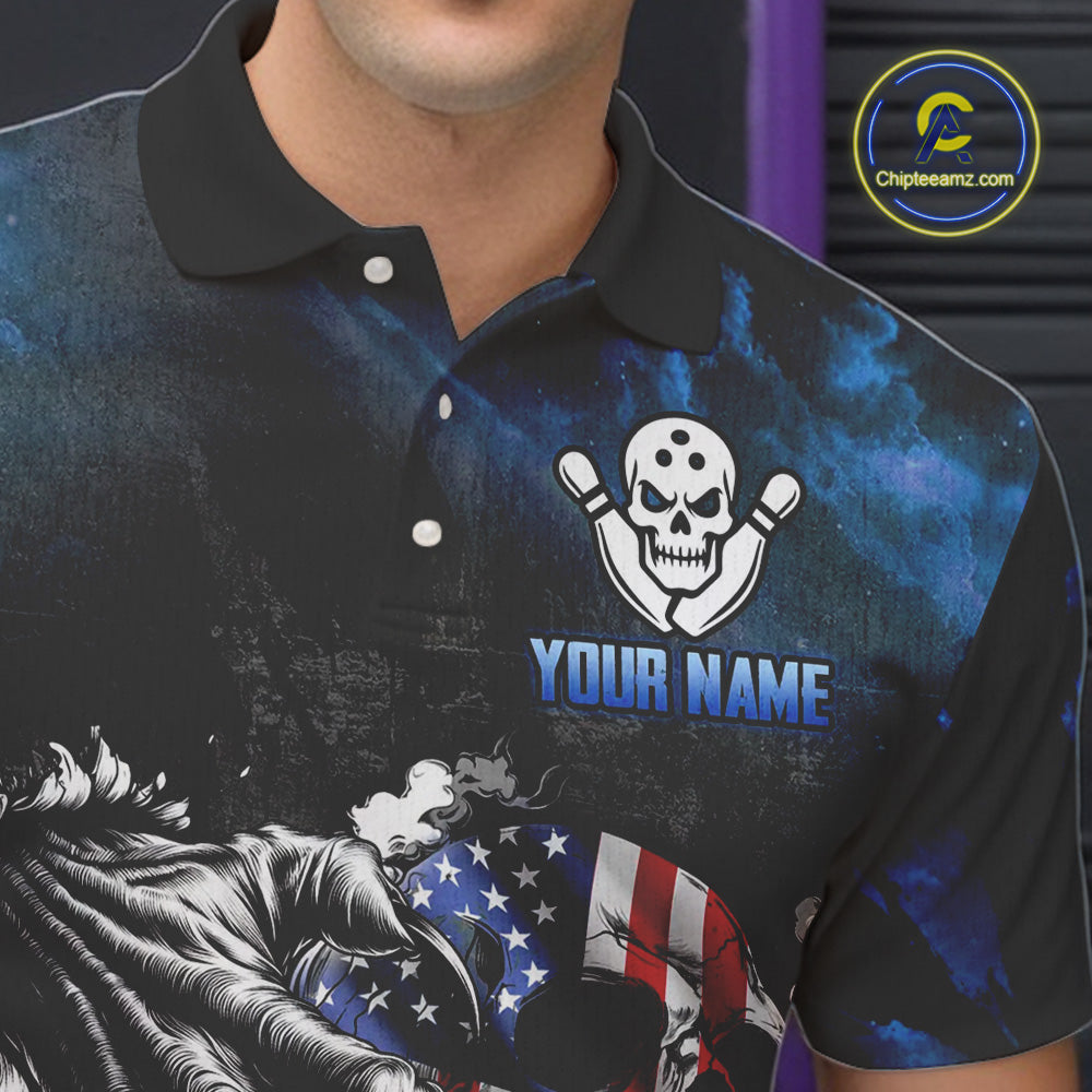 Blue Flaming American Flag Skull Bowling Shirt For Men Custom Fire Bowling Team Jersey TDM4692