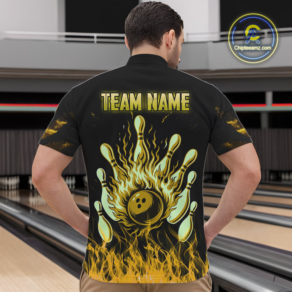 Yellow Flaming American Flag Skull Bowling Shirt For Men Custom Fire Bowling Team Jersey TDM4694