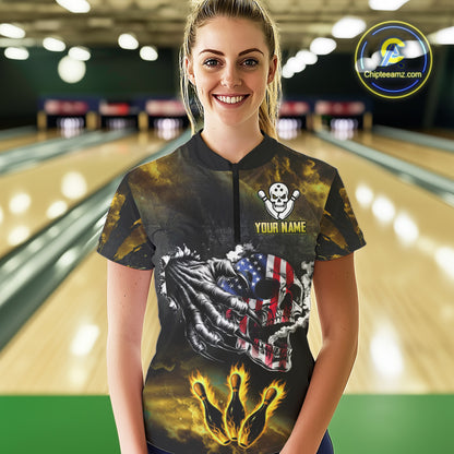 Yellow Flaming American Flag Skull Bowling Shirt For Women Custom Fire Bowling Team Jersey TDM4694