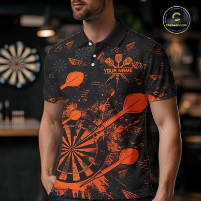 Black And Orange Grunge Darts Polo, Quarter Zip For Men Custom Dart Shirts For Team Dart Jerseys TDM4698