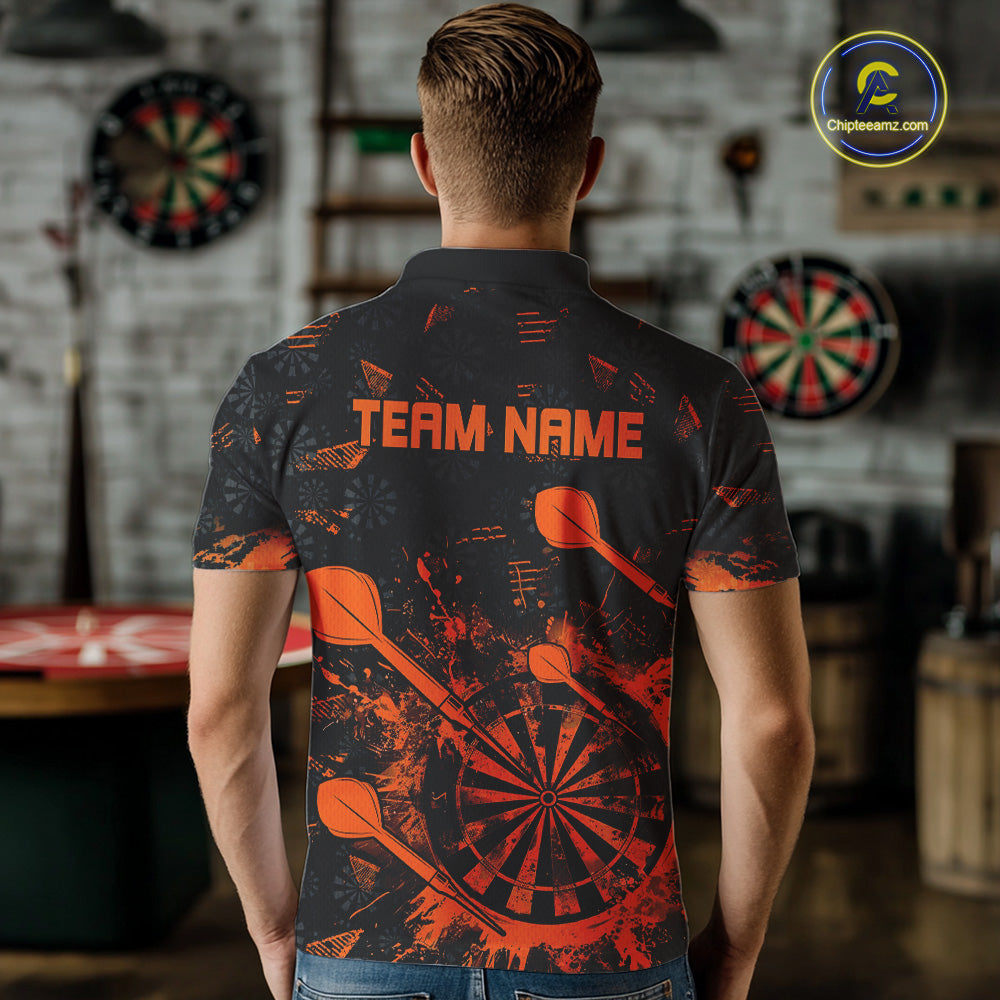 Black And Orange Grunge Darts Polo, Quarter Zip For Men Custom Dart Shirts For Team Dart Jerseys TDM4698