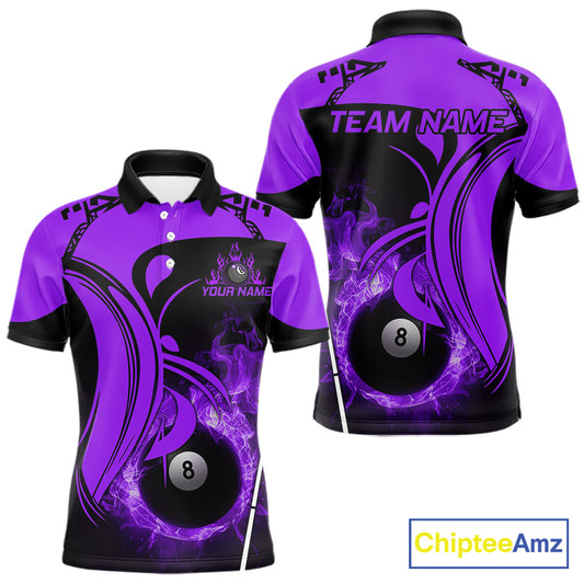 Personalized Purple 8 Ball Fire Flame Billiard Shirt For Men, Pool Team Jersey Polo & 1/4 Zip TDM5975