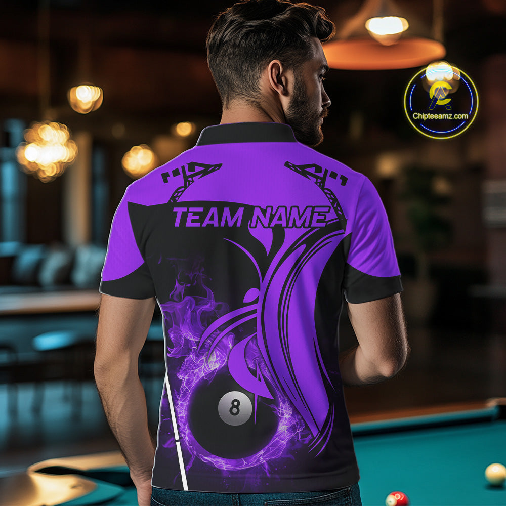 Personalized Purple 8 Ball Fire Flame Billiard Shirt For Men, Pool Team Jersey Polo & 1/4 Zip TDM5975