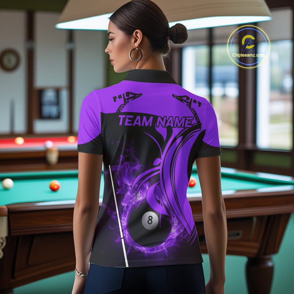 Personalized Purple 8 Ball Fire Flame Billiard Shirt For Women, Pool Team Jersey Polo & 1/4 Zip TDM5975
