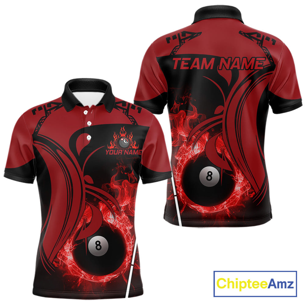 Personalized Red 8 Ball Fire Flame Billiard Shirt For Men, Pool Team Jersey Polo & 1/4 Zip TDM5976