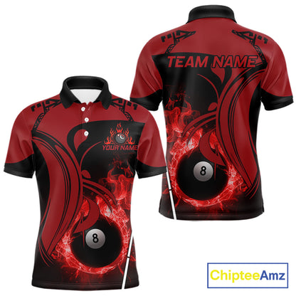 Personalized Red 8 Ball Fire Flame Billiard Shirt For Men, Pool Team Jersey Polo & 1/4 Zip TDM5976