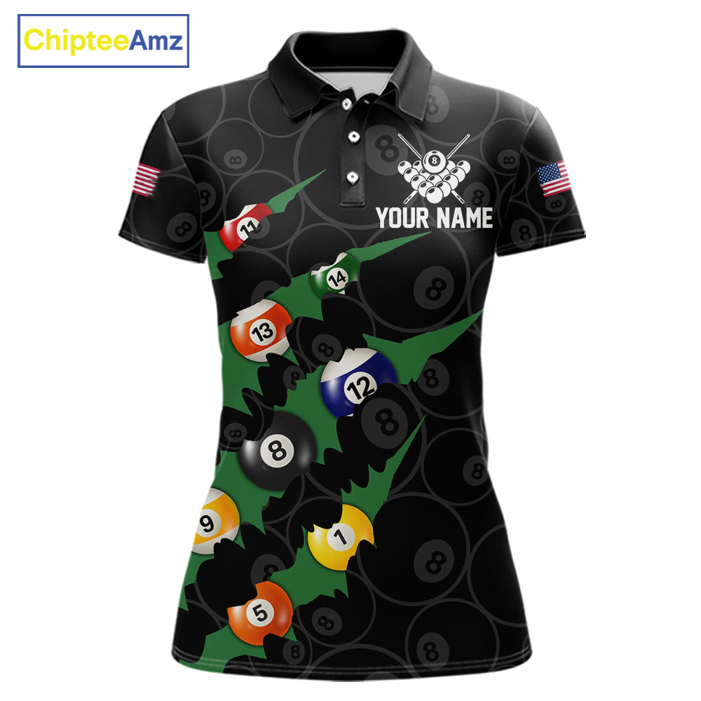 Custom Green 8 Ball Pool Scratch Billiard Shirt For Women, Black Billiard Team Jersey Polo & 1/4 Zip TDM6435
