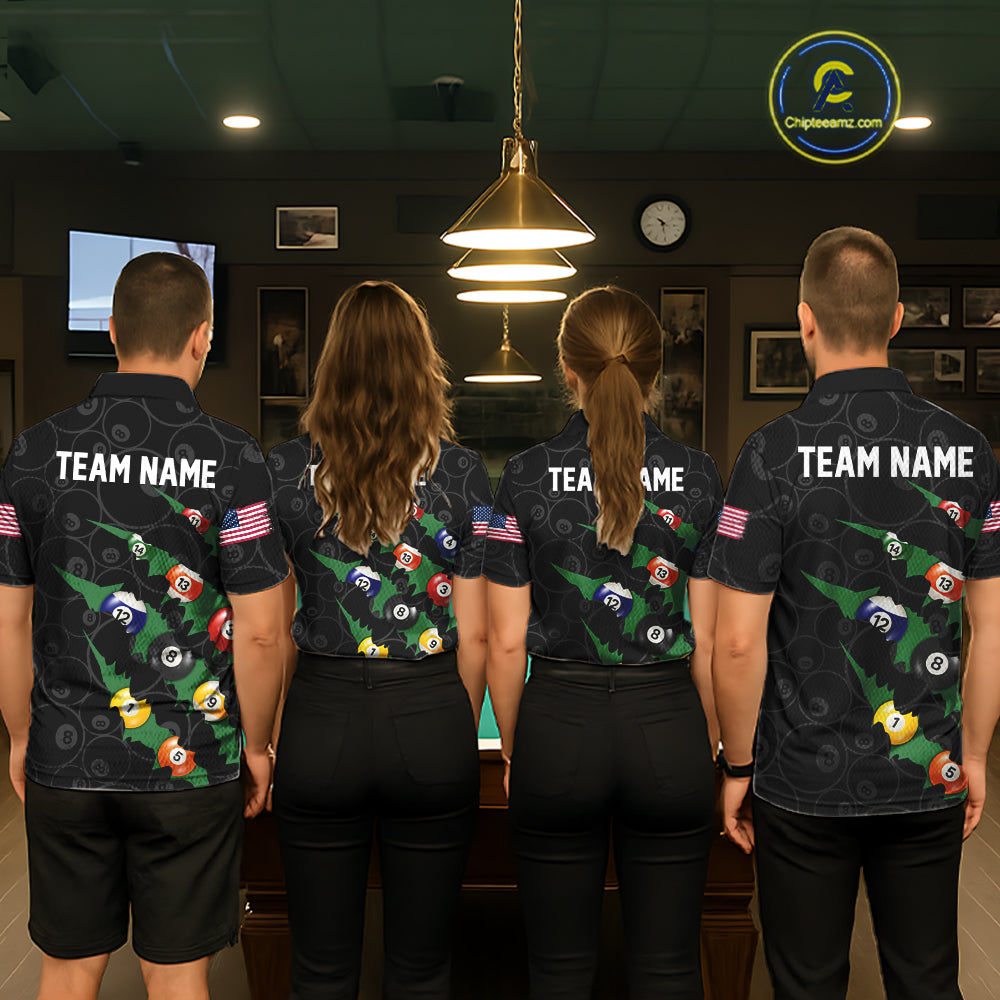 Custom Green 8 Ball Pool Scratch Billiard Shirt For Women, Black Billiard Team Jersey Polo & 1/4 Zip TDM6435