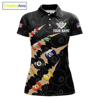 Custom Tan 8 Ball Pool Scratch Billiard Shirt For Women, Black Billiard Team Jersey Polo & 1/4 Zip TDM6438