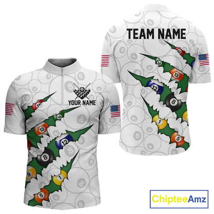 Custom Green 8 Ball Pool Scratch Billiard Shirt For Men, White Billiard Team Jersey Polo & 1/4 Zip TDM6440