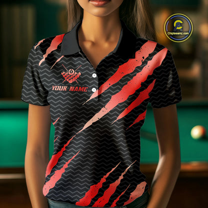 Black And Red Scratch Billiard Shirts For Women Custom 8 Ball Crown Pool Team Jersey Polo & 1/4 Zip TDM4096