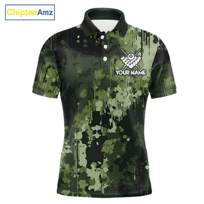 Custom green camo billiard jersey for men designed for pool tournaments and league matches.