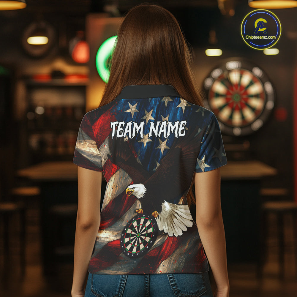 Personalized American Flag Eagle Womens Darts Shirt Custom Patriotic Jersey Darts Polo & 1/4 Zip TDM5126