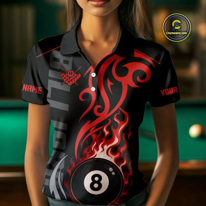 Black And Red Tribal Flame 8 Ball Pool Billiards Shirts For Women Custom Pool Team Jerseys TDM4101