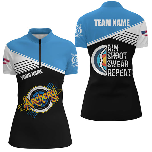Archery Aim Shoot Swear Repeat Personalized Women Quarter-Zip Shirts, Funny Archery Shirts TDM0463