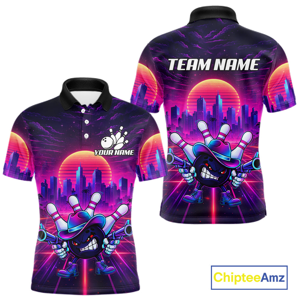 Custom Retro Funny Neon Bowling Shirt For Men, Pink And Purple Bowling Team Jersey Polo & 1/4 Zip TDM6220
