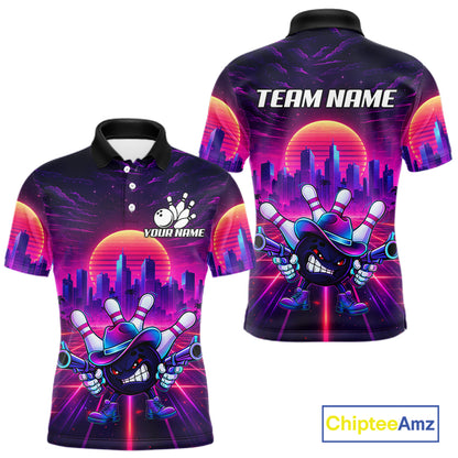 Custom Retro Funny Neon Bowling Shirt For Men, Pink And Purple Bowling Team Jersey Polo & 1/4 Zip TDM6220
