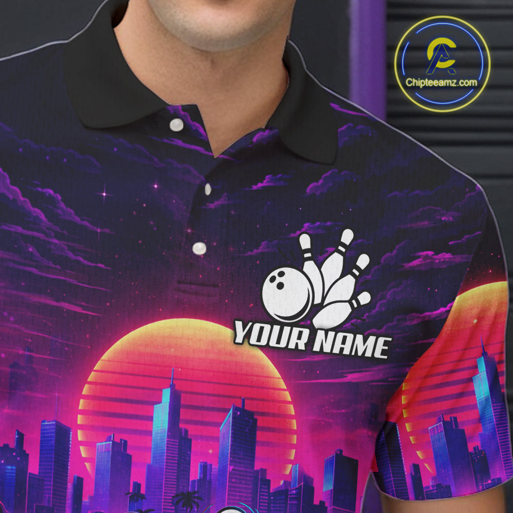 Custom Retro Funny Neon Bowling Shirt For Men, Pink And Purple Bowling Team Jersey Polo & 1/4 Zip TDM6220