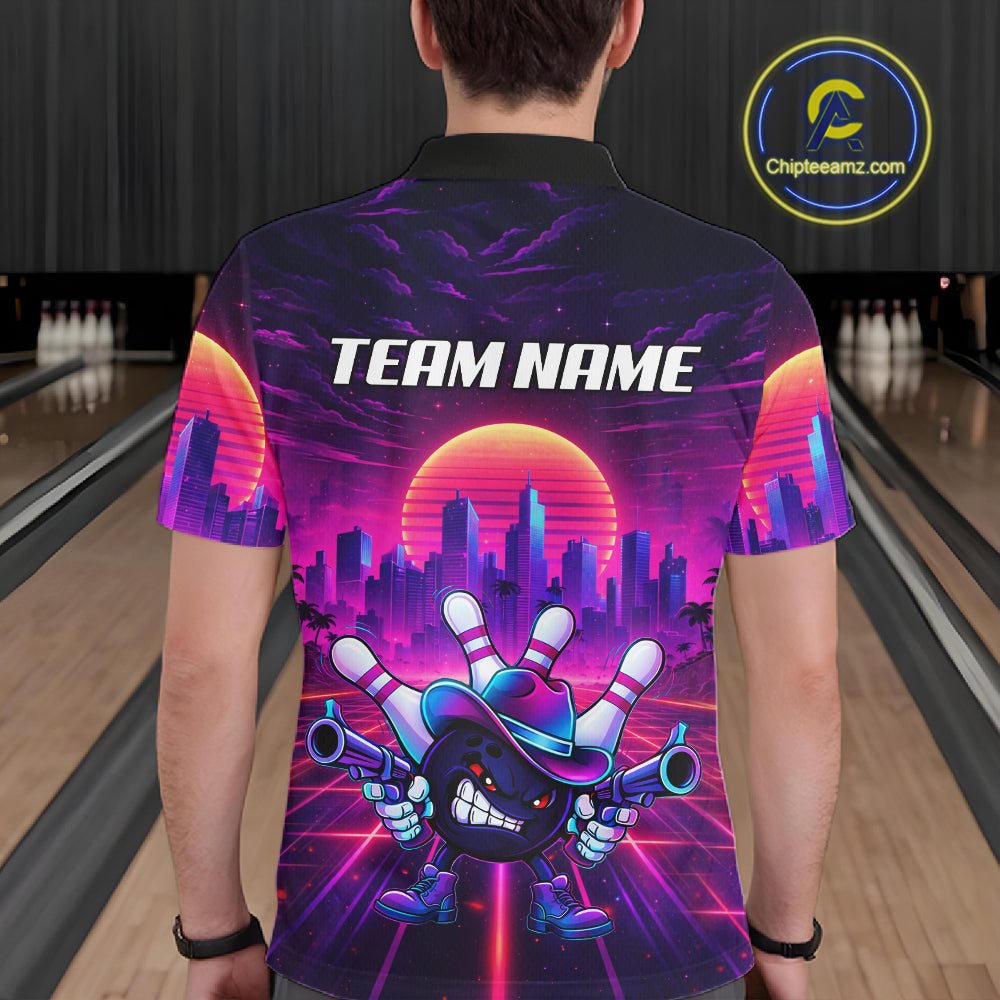 Custom Retro Funny Neon Bowling Shirt For Men, Pink And Purple Bowling Team Jersey Polo & 1/4 Zip TDM6220