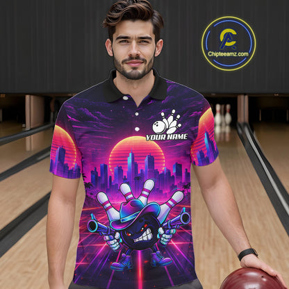 Custom Retro Funny Neon Bowling Shirt For Men, Pink And Purple Bowling Team Jersey Polo & 1/4 Zip TDM6220