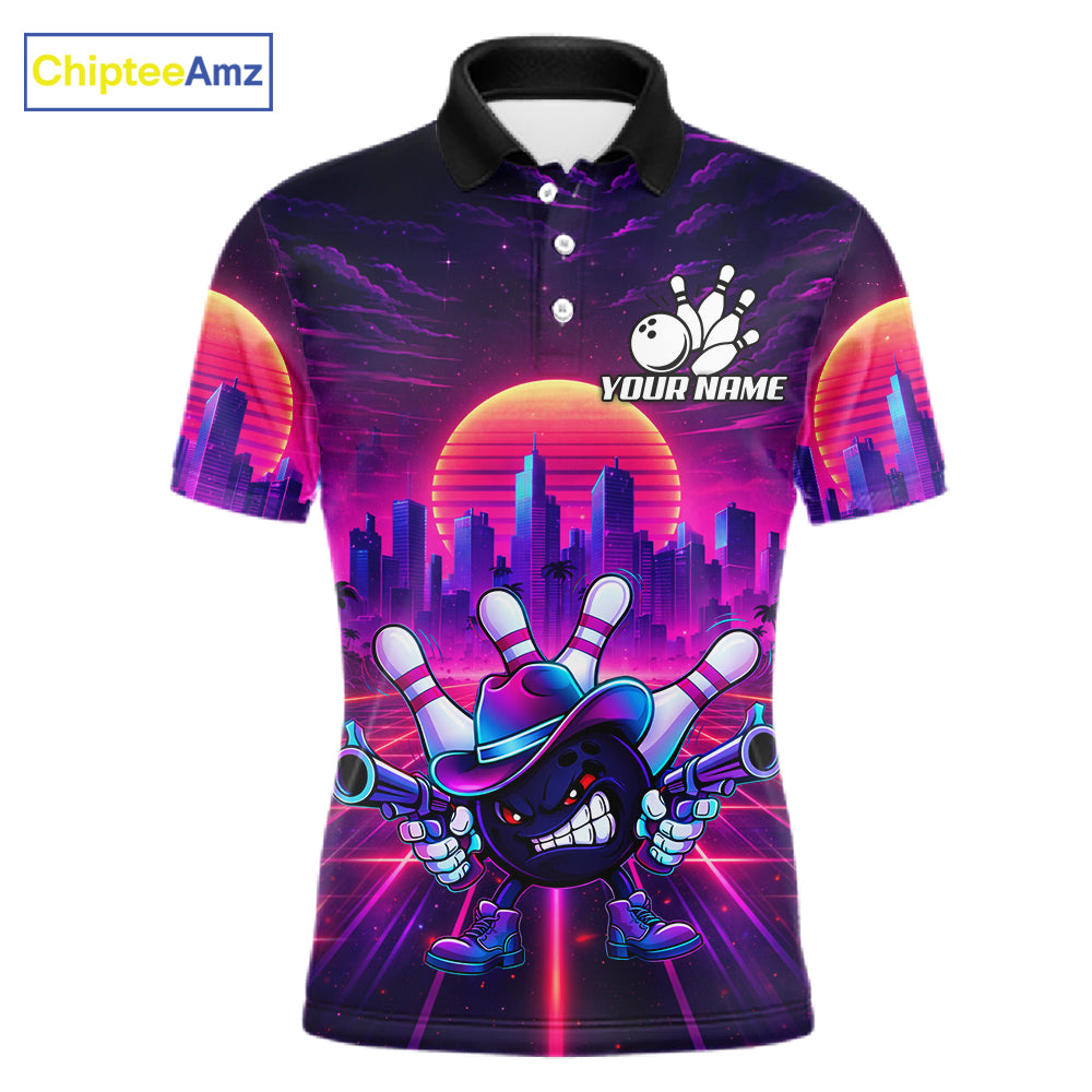 Custom Retro Funny Neon Bowling Shirt For Men, Pink And Purple Bowling Team Jersey Polo & 1/4 Zip TDM6220